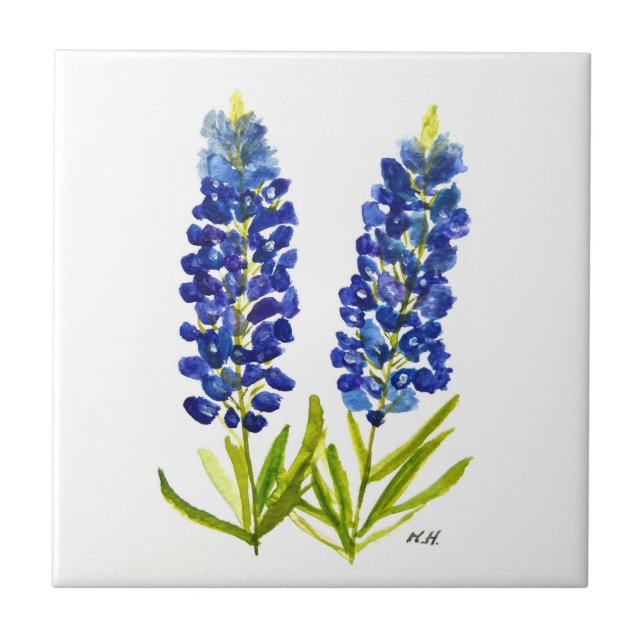 Bluebonnets Texas State Flowers Lupine Watercolor  Ceramic Tile (Front)