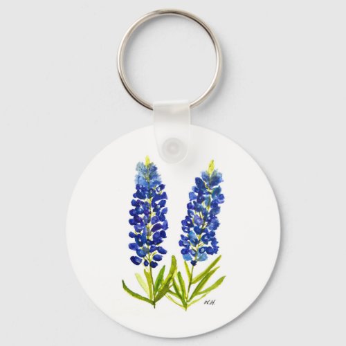 Bluebonnets Texas State Flowers Lupine Watercolor  Keychain