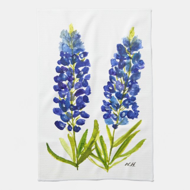 Bluebonnets Texas State Flowers Lupine Watercolor Kitchen Towel (Vertical)