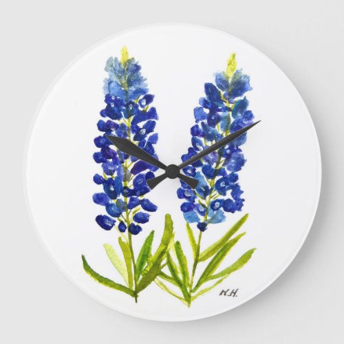 Bluebonnets Texas State Flowers Lupine Watercolor Large Clock