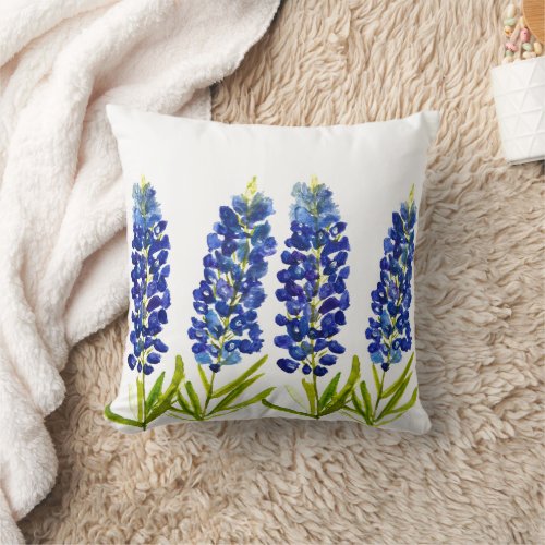 Bluebonnets Texas State Flowers Lupine Watercolor  Throw Pillow