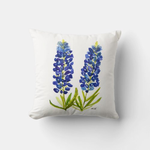 Bluebonnets Texas State Flowers Lupine Watercolor  Throw Pillow