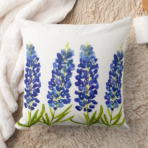 Bluebonnets Texas State Flowers Lupine Watercolor  Throw Pillow