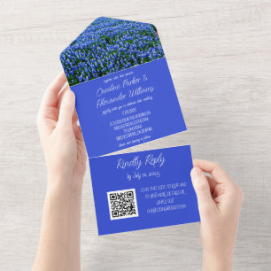Bluebonnets Texas Texan Elegant QR Code Wedding All In One Invitation