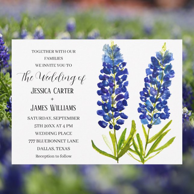 Bluebonnets Texas Watercolor Blue Floral Wedding Invitation (Creator Uploaded)