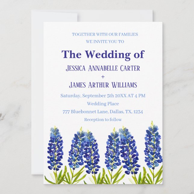 Bluebonnets Texas Watercolor Floral Wedding Invitation (Front)