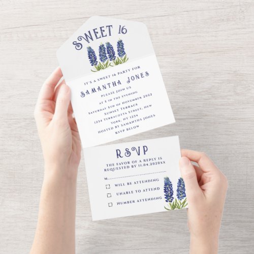 Bluebonnets Texas Wildflowers Sweet 16 Sixteen All In One Invitation