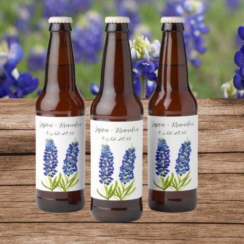 Bluebonnets Watercolor Blue Flower Floral Wedding Beer Bottle Label