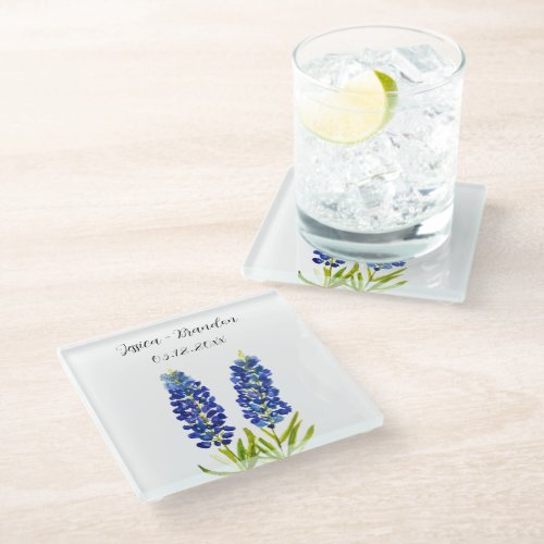 Bluebonnets Watercolor Blue Flower Floral Wedding Glass Coaster