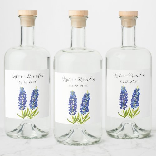 Bluebonnets Watercolor Blue Flower Floral Wedding Liquor Bottle Label