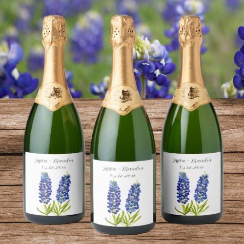 Bluebonnets Watercolor Blue Flower Floral Wedding Sparkling Wine Label