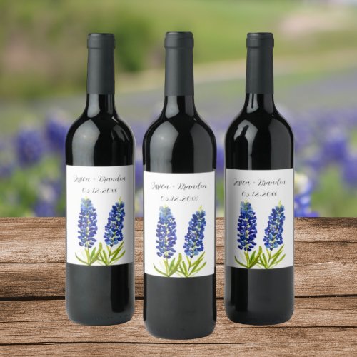 Bluebonnets Watercolor Blue Flower Floral Wedding Wine Label