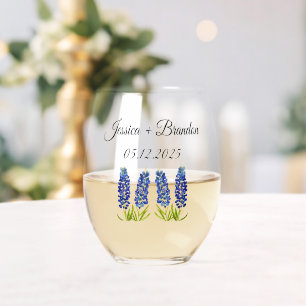 Bluebonnets Watercolor Blue Flowers Floral Wedding Stemless Wine Glass