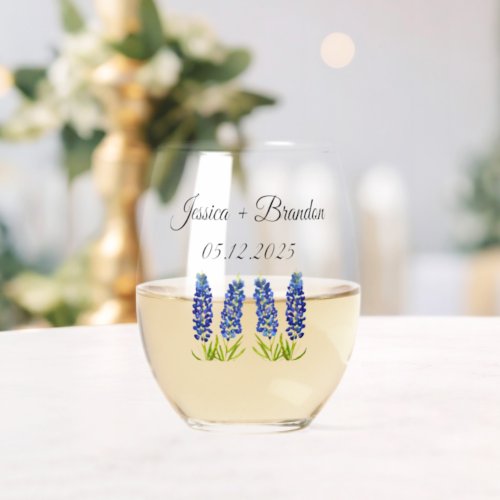 Bluebonnets Watercolor Blue Flowers Floral Wedding Stemless Wine Glass