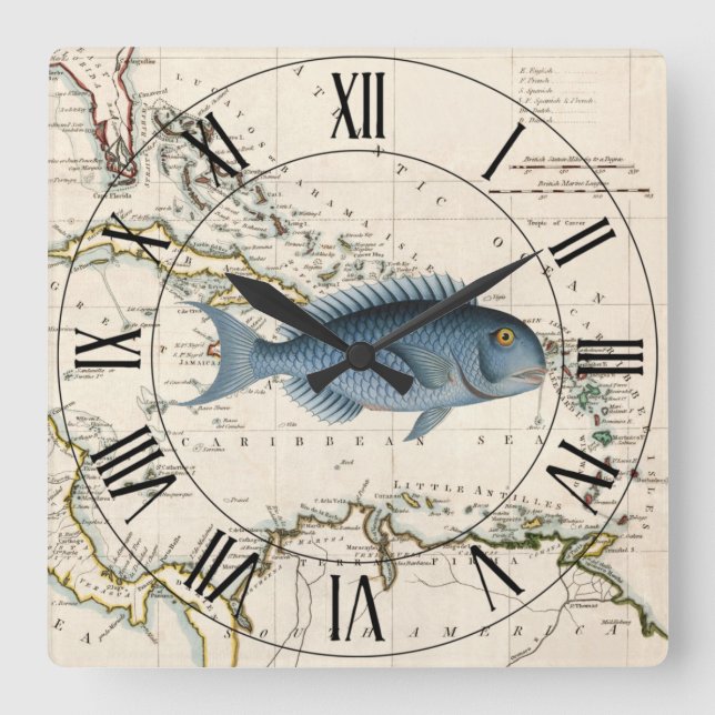 Bluefish~West Indies~Caribbean 1785 Nautical Map ~ Square Wall Clock (Front)