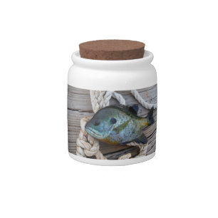 Bluegill fish on dock and rope candy jar