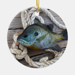 Bluegill fish on dock and rope ceramic ornament