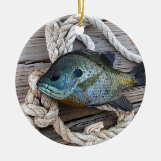 Bluegill fish on dock and rope ceramic ornament (Front)