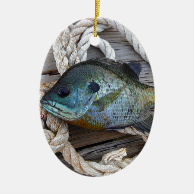 Bluegill fish on dock and rope ceramic ornament (Front)