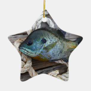 Bluegill fish on dock and rope ceramic ornament