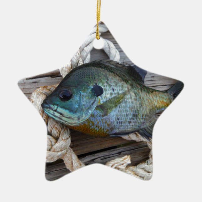Bluegill fish on dock and rope ceramic ornament (Front)