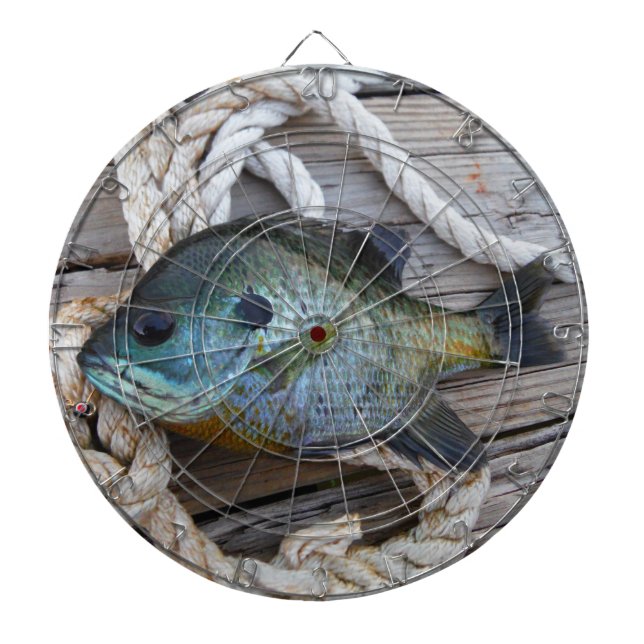 Bluegill fish on dock and rope dart board (Front)