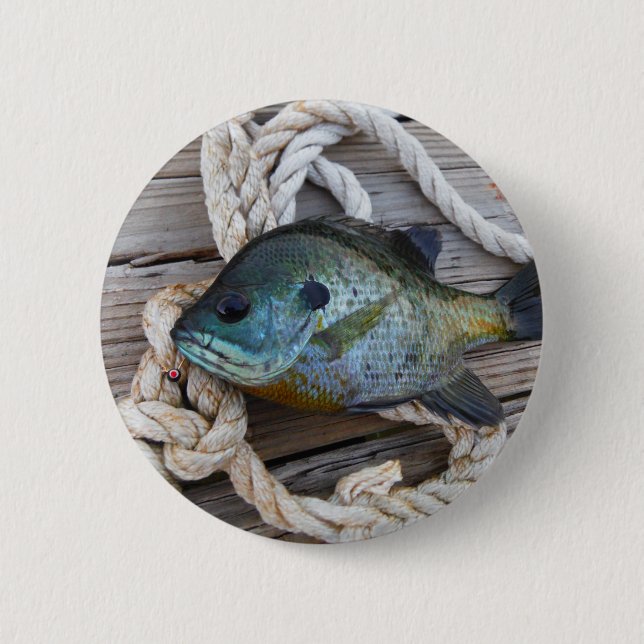Bluegill fish on dock and rope pinback button (Front)