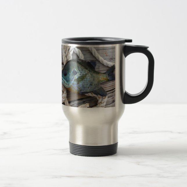Bluegill fish on dock and rope travel mug (Right)