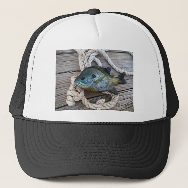 Bluegill fish on dock and rope trucker hat (Front)