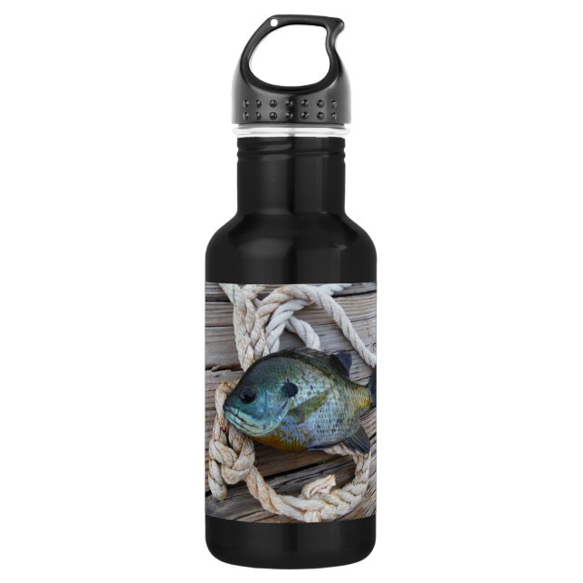 Bluegill fish on dock and rope water bottle (Front)