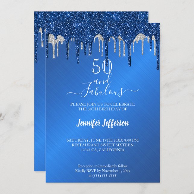 BlueGlitter silver dripping Birthday Invitation (Front/Back)