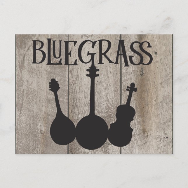 Bluegrass Music Instruments on Rustic Wood Postcard (Front)