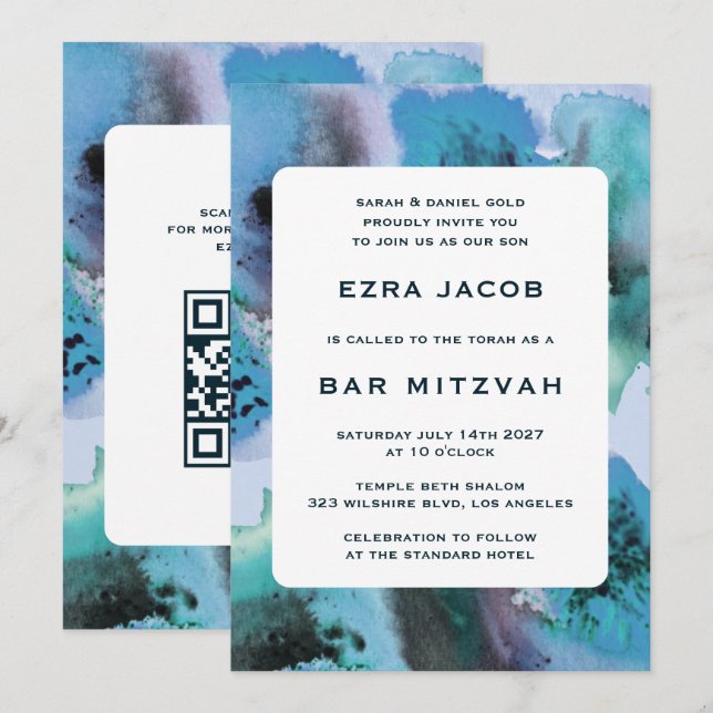 BlueGreen Watercolor Custom QRCode Bar Bat Mitzvah Invitation (Front/Back)