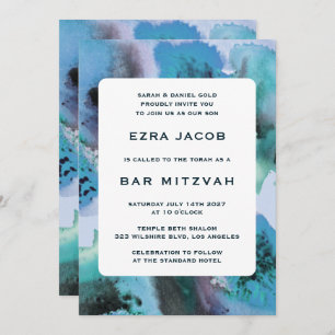 BlueGreen Watercolor Custom QRCode Bar Bat Mitzvah Invitation
