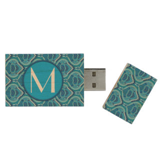 Blueish - Feathered Paisley Wood USB Flash Drive