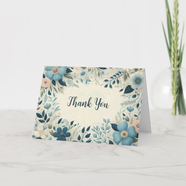Blueish floral frame custom folded Thank You card (Front)