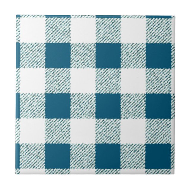 Blueish Green Gingham Check Pattern Tile (Front)