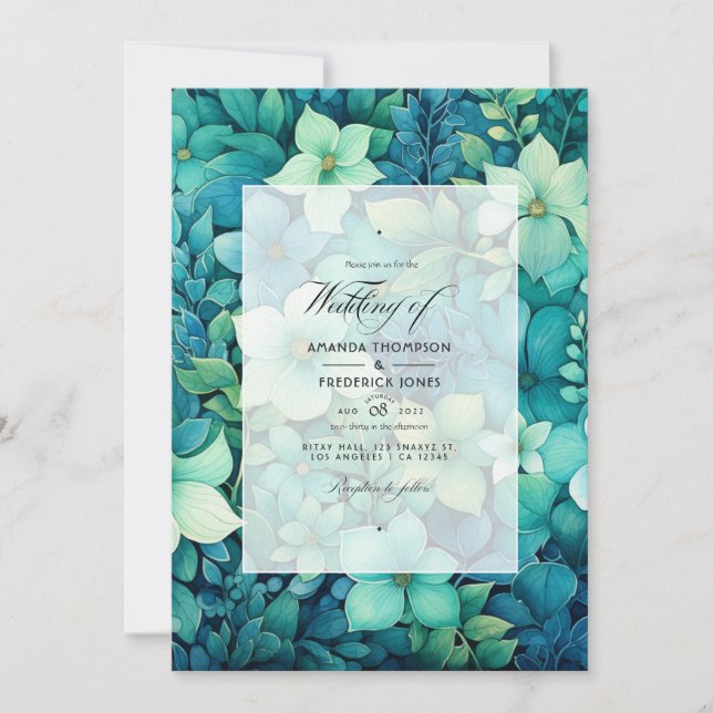 Blueish Greens Floral Winter Wedding Invitation (Front)