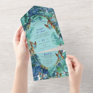 Blueish Turquoise Monstera Leaves & Butterflies All In One Invitation