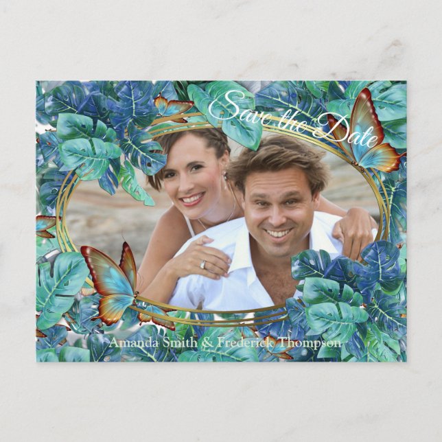 Blueish Turquoise Monstera Leaves & Butterflies Announcement Postcard (Front)