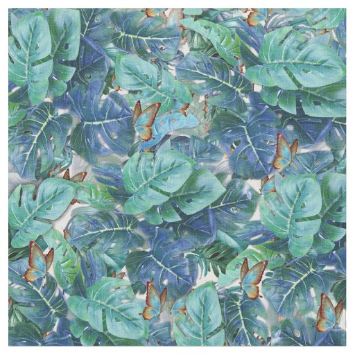 Blueish Turquoise Monstera Leaves & Butterflies Fabric