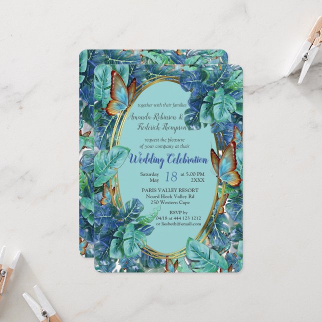 Blueish Turquoise Monstera Leaves & Butterflies Invitation (Front/Back In Situ)