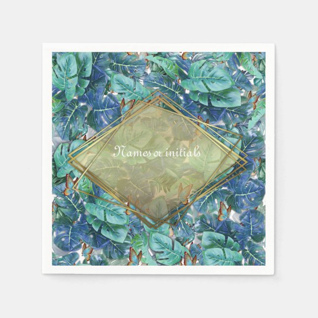 Blueish Turquoise Monstera Leaves & Butterflies Napkins (Front)