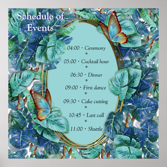 Blueish Turquoise Monstera Leaves & Butterflies Poster (Front)