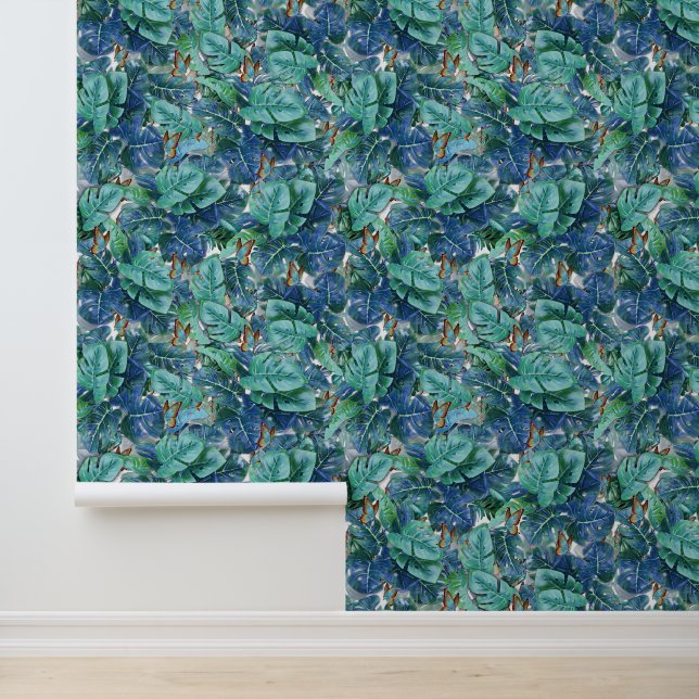 Blueish Turquoise Monstera Leaves & Butterflies Wallpaper (Application)