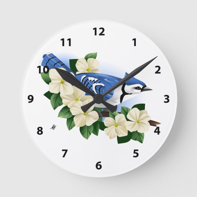 Bluejay  and Dogwood Flower Round Clock (Front)