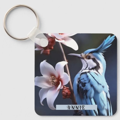 Bluejay and Flowers Custom Keychain