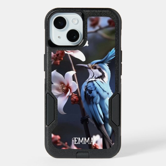Bluejay and Flowers Custom Name iPhone 15 Case (Back)
