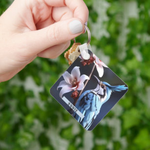 Bluejay and Flowers Custom Name Keychain