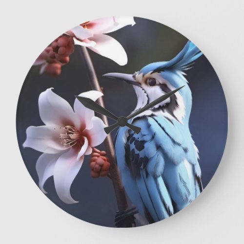 Bluejay and Flowers Large Clock